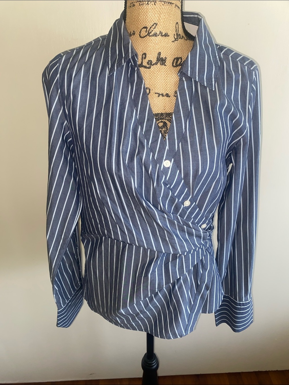 LOFT Navy and White Striped Wrap Button-Down Blouse